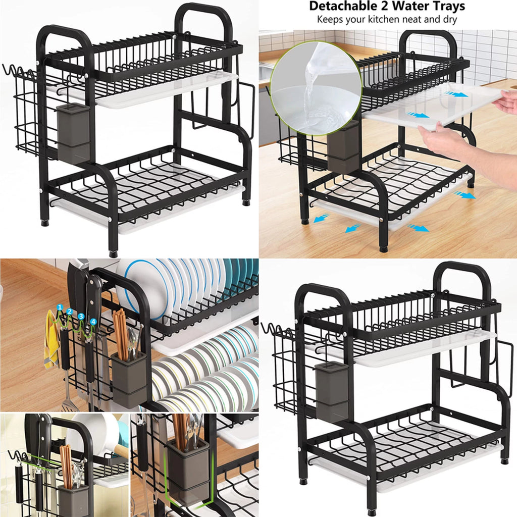 Adjustable 2-Tier Dish Drying Rack with Cutting Board Holder A39363