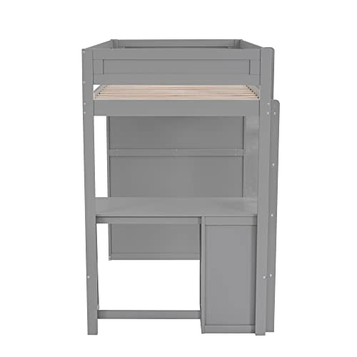 Full Size Gray Solid Wood Loft Bed with Wardrobe Desk and Shelves Q941714