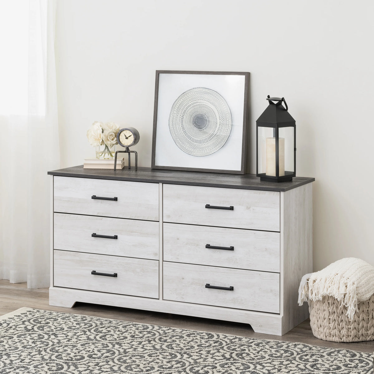 Washed White 6 Drawer Wood Dresser G36207