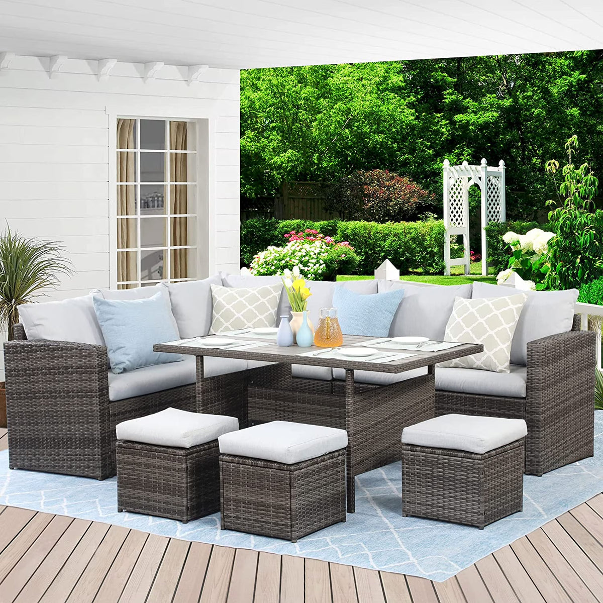7 Piece Outdoor Dining Sectional Sofa with Dining Table and Chair Grey E713
