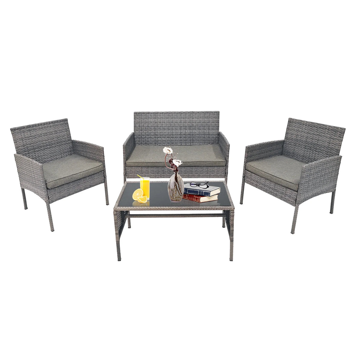4 Piece Wicker Patio Conversation Furniture Set with Glass-Top Coffee Table & Gray Cushions H7828