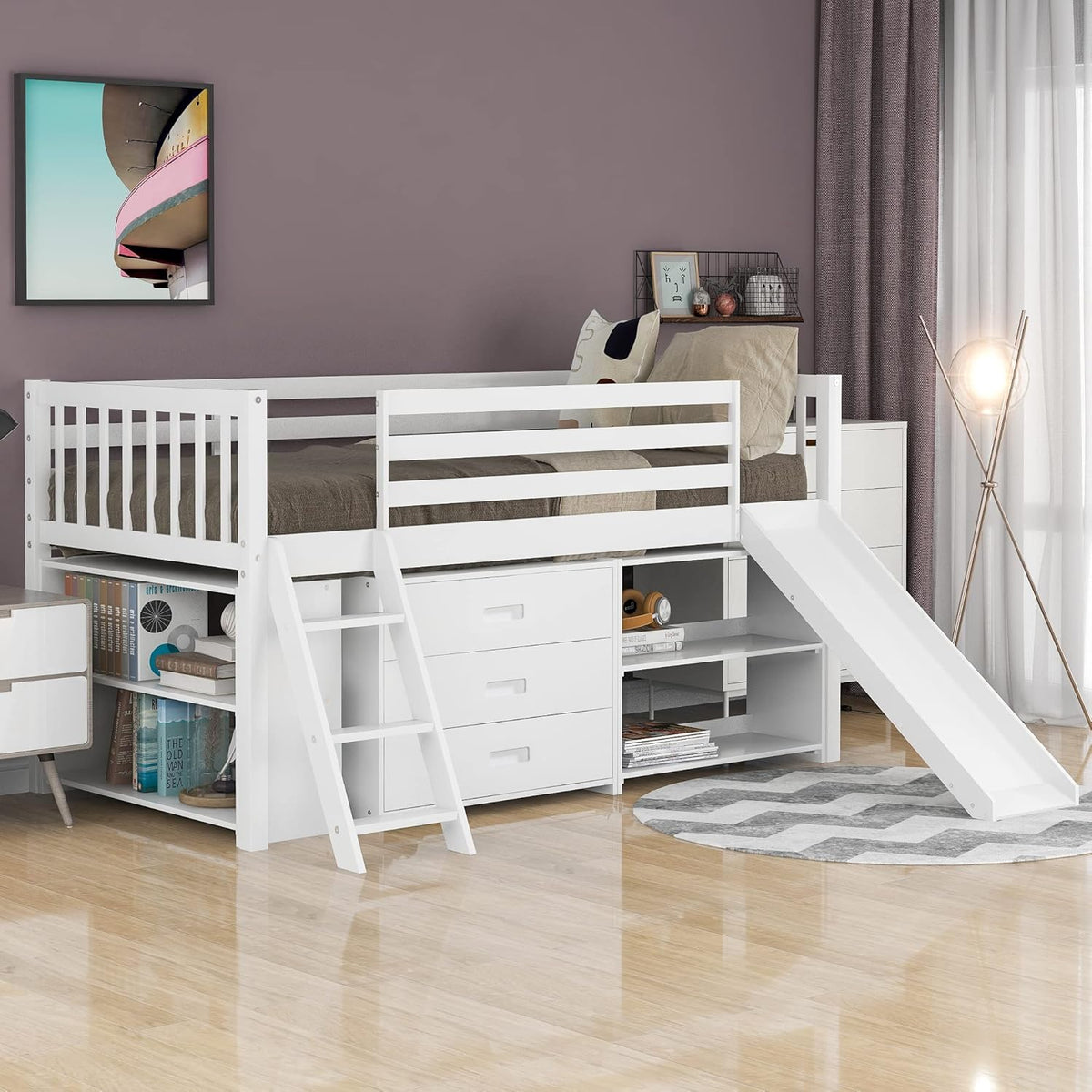 White Twin Loft Bed with Slide and Bookcases K547