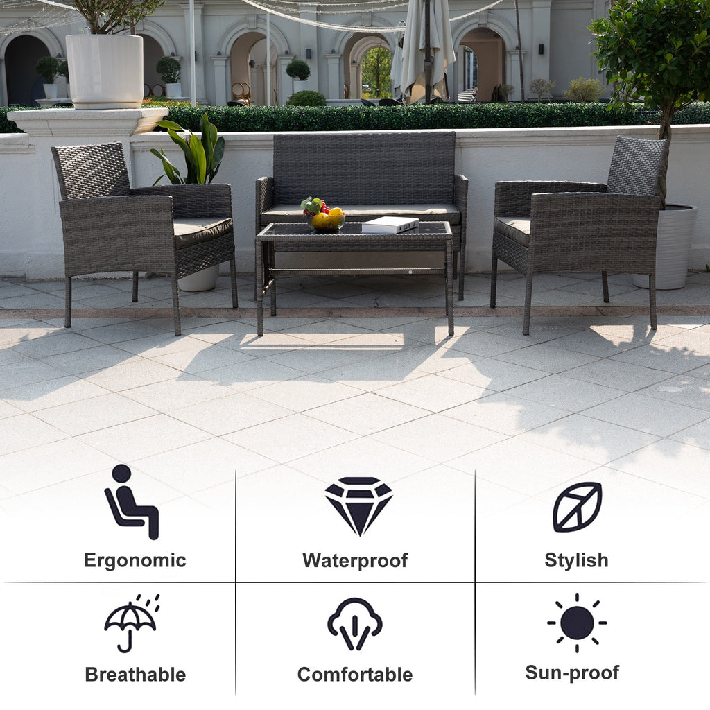 4 Piece Wicker Patio Conversation Furniture Set with Glass-Top Coffee Table & Gray Cushions H7828