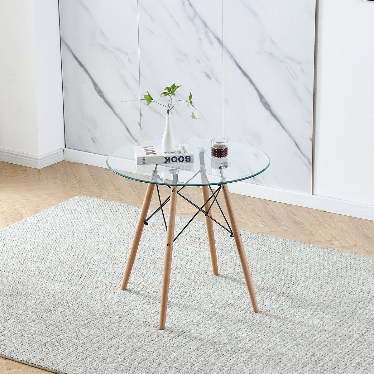 Set of 5 Round Glass Dining Table 32" with Wood Legs C785