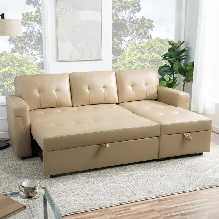 Black Air Leather L-Shaped Sleeper Sofa with Storage Chaise L9660