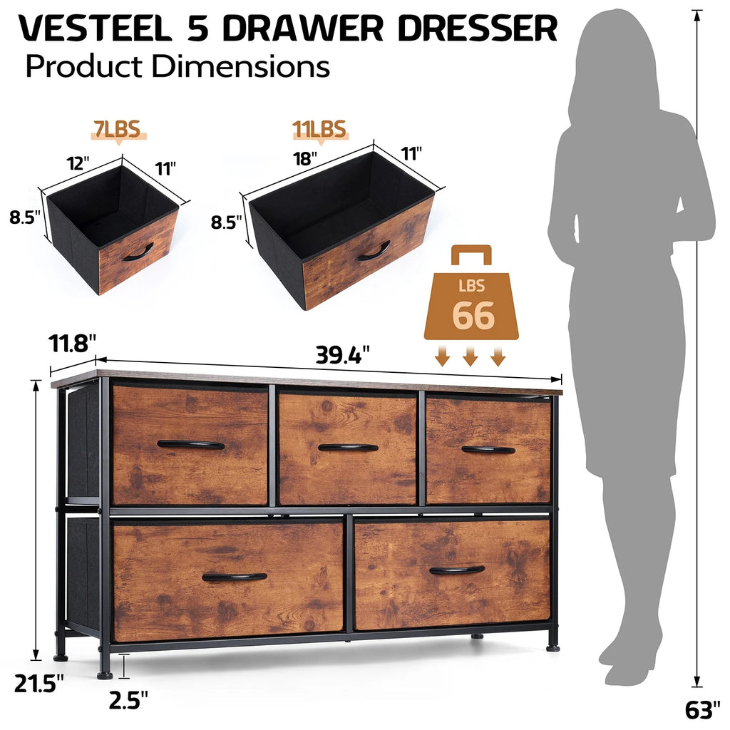 5 Drawer Fabric Dresser with Wood Top G5545
