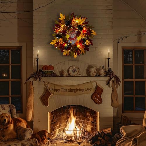 24" Fall Wreath with Pumpkins, Maple Leaves & Timer LED Lights O472