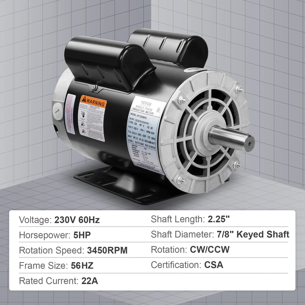 5HP 230V 22 Amps 3450RPM Air Compressor Electric Motor U901