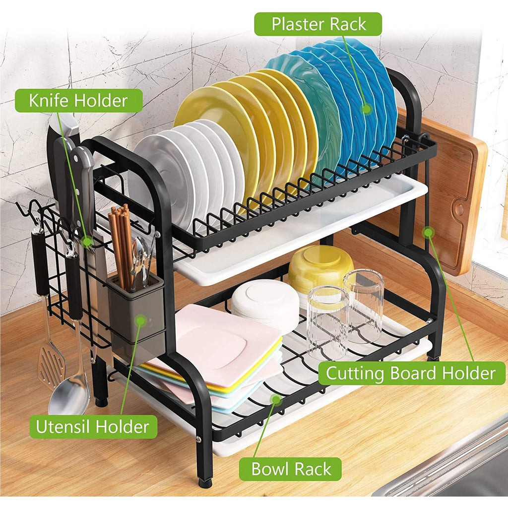 Adjustable 2-Tier Dish Drying Rack with Cutting Board Holder A39363