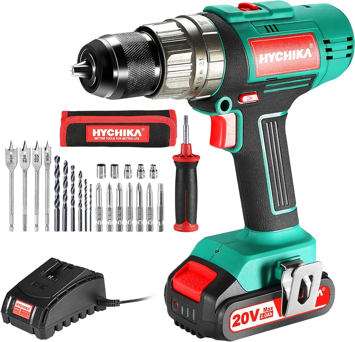 Cordless Drill 20V Max Brushless Drill, 2.0 AH Battery 1H Fast Charger, 21+3 Torque Setting 1/2" Automatic Chuck, 20pcs Drill Bit Set H28923