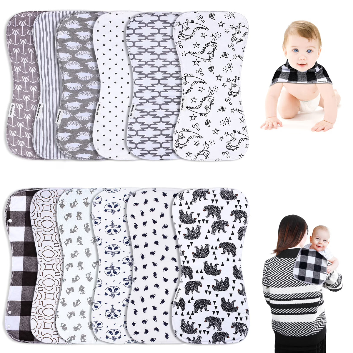 12-Pcs Animal Pattern Burp Cloths and Baby Bibs V97213