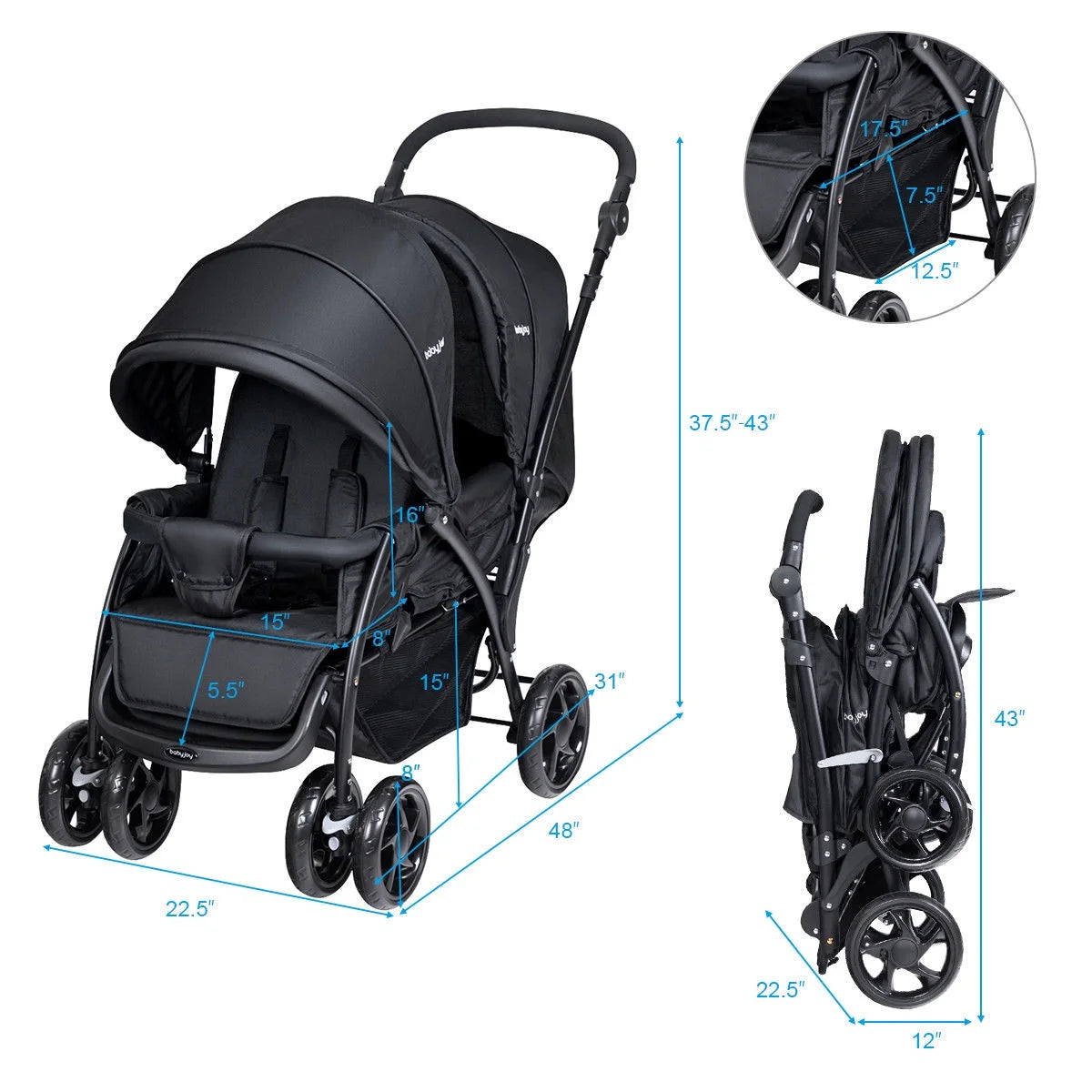 Double Stroller Foldable Lightweight Black T79631