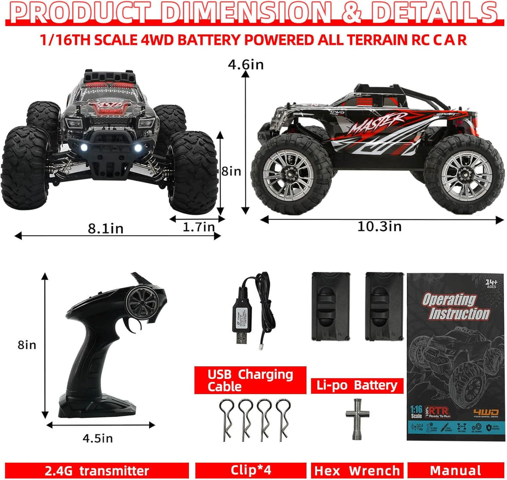 1:16 Scale 4WD High Speed RC Truck 30+ KMH Electric Toy Car (Red) C395